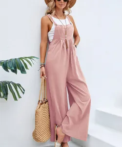 Retro pink solid color casual overalls for women, stylish summer sleeveless wide leg jumpsuit