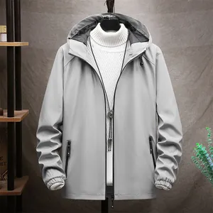 Men's minimalist grey hooded jacket with slim-fit Korean style design