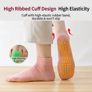 Anti-slip yoga and trampoline socks with high-elastic cuff and rubber grip sole for safety