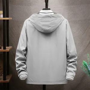 Minimalist light grey hooded windbreaker jacket with back view display for spring