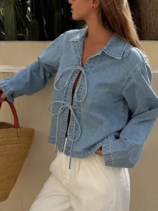 Stylish French style light blue denim top for women with elegant front tie design