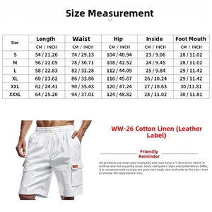Detailed size chart for men's white breathable linen cargo shorts with multiple pockets.