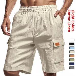 Close-up of breathable cotton linen cargo shorts for men with side pockets and 8 color options