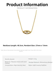 Detail view of gold plated evil eye pendant necklace with product dimensions and specs.