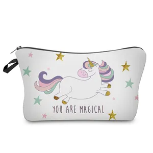 White unicorn print makeup bag with You are magical text, portable travel pouch organizer