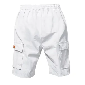 Rear view of white men's casual cargo shorts with elastic waist and side pockets