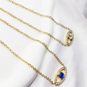 Elegant gold plated titanium steel evil eye necklaces with blue and clear gemstones