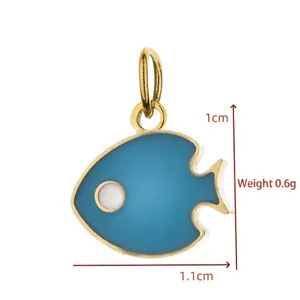 Blue enamel fish pendant charm for DIY jewelry making, 1.1x1cm, stainless steel