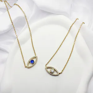 Elegant gold plated evil eye pendant necklaces with blue and clear zircon crystals