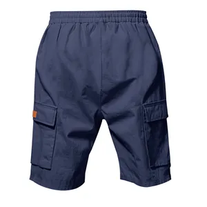 Detailed rear view of navy blue men's cargo shorts featuring elastic waist and side pockets