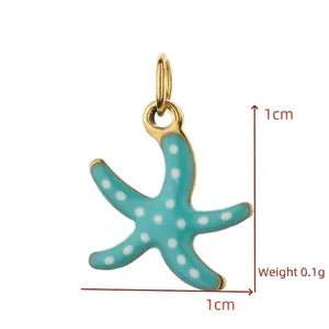 Teal starfish enamel charm for DIY jewelry making, 1x1cm stainless steel pendant.
