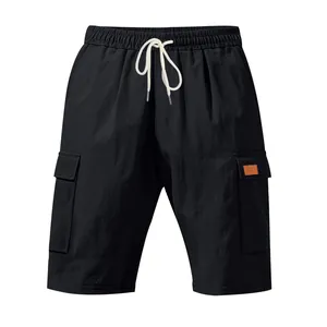 Casual men's black linen cargo shorts featuring a drawstring waist and large side pockets