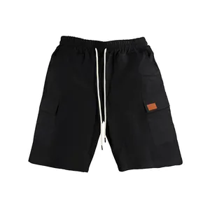 Premium men's black linen cargo shorts with drawstring elastic waist and pockets.