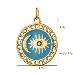 Detailed view of evil eye pendant with 1.9cm height and 1.7cm width dimensions
