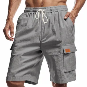 Men's breathable grey linen cargo shorts with elastic drawstring waist for summer