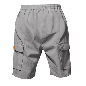 Back view of grey breathable men's casual cargo shorts with pockets and elastic waist