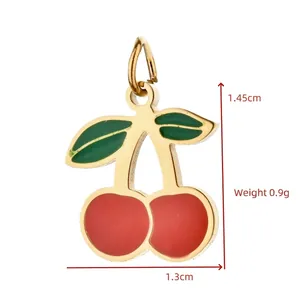Detailed measurements of a stainless steel cherry pendant with red and green enamel.