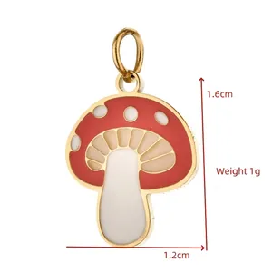 Detailed macro view of a red and white mushroom charm with size markings 1.6cm x 1.2cm.
