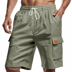 Men's sage green breathable linen casual cargo shorts with elastic waist and pockets