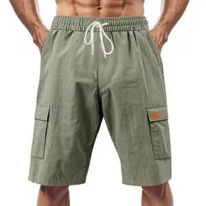 Men's breathable sage green linen cargo shorts with adjustable drawstring waist and pockets