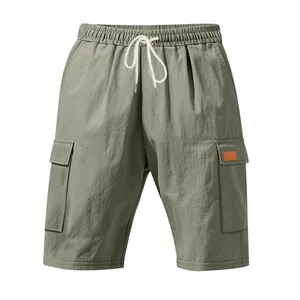 Front view of men's olive green cargo shorts with breathable linen texture and drawstring