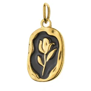 Vintage style gold-plated stainless steel tulip pendant with black enamel fill
