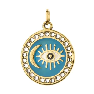Gold-plated stainless steel evil eye and moon enamel charm for DIY jewelry making