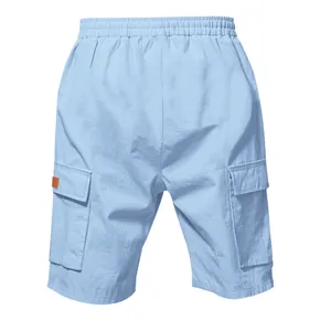 Detailed back view of men's breathable light blue linen cargo shorts with utility pockets