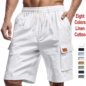 Men Linen Cargo Shorts Breathable Casual Summer Beach Loose Multi Pockets Drawstring Elastic Waist Gym Running Shorts