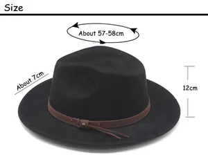 Black jazz fedora hat with measurements: 57-58cm circumference and brown suede band