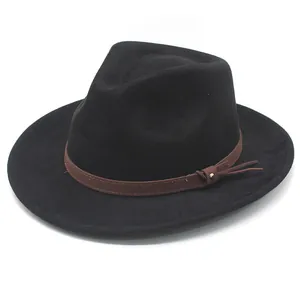 Retro black suede jazz hat with brown band for men and women western cowboy style