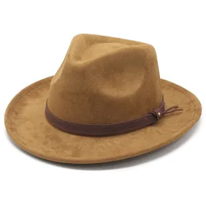 Classic vintage brown suede fedora jazz hat for men and women with ribbon detail