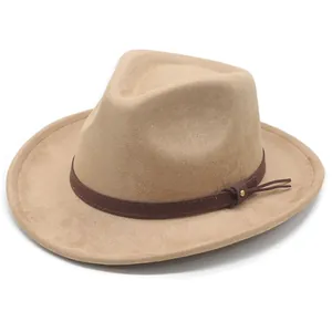 Vintage khaki suede jazz fedora hat with brown leather band and gold stud detail