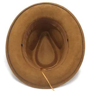 Interior view of brown faux suede fedora hat showing the adjustable ribbon detail
