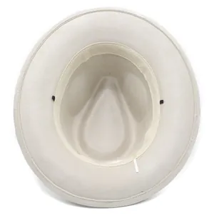 Close-up interior view of retro suede fedora hat showing adjustable inner band