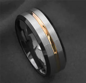 Macro detailed view of titanium steel ring with brushed silver finish and rose gold stripe