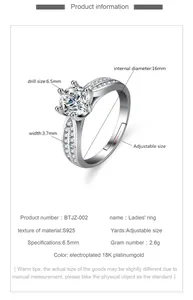 Detailed specifications of S925 silver six-prong ring showing dimensions and weight
