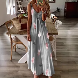 Women's Sleeveless V-Neck Camisole Maxi Dress Feather Print Polyester Spandex Slim Fit Bohemian Summer Casual Long Dress