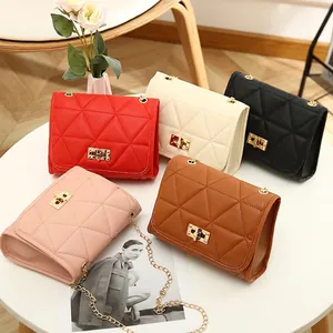 Women PU Leather Quilted Crossbody Bag Rhombus Embroidery Small Square Shoulder Bag With Metal Chain Strap And Lock