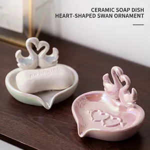 Heart Shaped Swan Ceramic Soap Dish Iridescent Pearl Glaze Drainage Jewelry Tray Luxurious Bathroom Decor Countertop Organizer