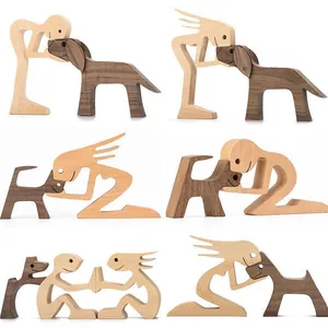Artistic handcrafted wooden dog and person figurines for creative Nordic home desk decor
