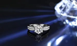 Detailed view of S925 silver six-prong ring with sparkling 1ct Moissanite center