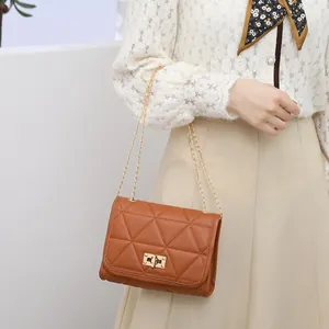Elegant brown diamond quilted small square bag with a gold chain strap for women