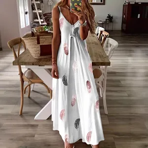 Elegant white V-neck spaghetti strap maxi dress with delicate pink feather print patterns