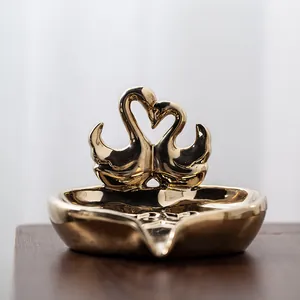 Elegant gold swan ceramic soap dish with heart-shaped design creative home decor tray
