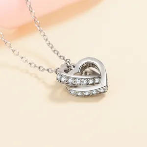 Elegant S925 sterling silver interlocking heart necklace with sparkling moissanite stones