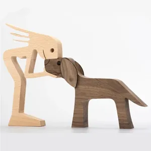Creative Nordic style wooden carving ornament featuring a person and a dog for desktop decor.