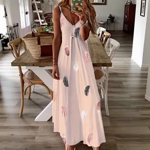 Elegant summer sleeveless V-neck maxi dress featuring a colorful feather print pattern