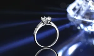 Detailed close-up of a S925 silver six-prong ring with a 1-carat Moissanite stone