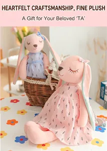Cute long-eared rabbit plush dolls in floral dresses sitting in a woven basket
